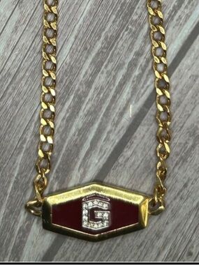 GIVENCHY VTG 1979 Gold Burgundy Enamel Rhinestone G Curb Link Necklace 70s
